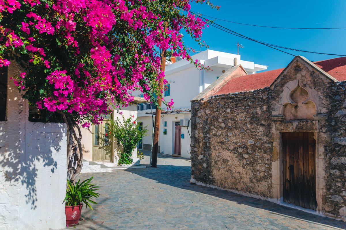 Stone church and blooming bougainvillea on a quiet street in Kritsa village, Crete.
