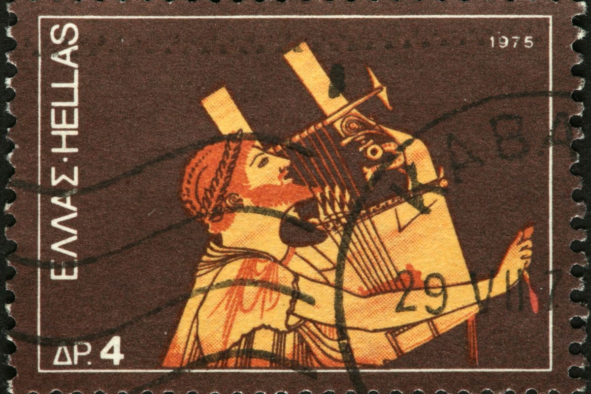 Vintage Greek postage stamp from 1975 featuring an illustration of a man playing a lyre.