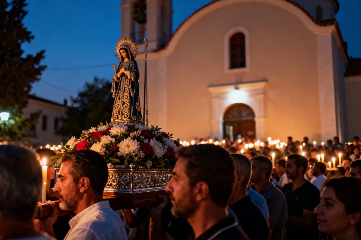 Candlelit Epitaphios procession on Good Friday in a traditional Cretan village, with villagers carrying candles and floral decorations during Greek Orthodox Easter.