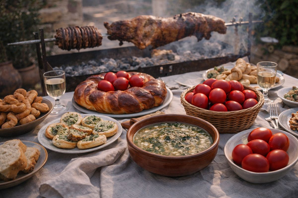 Traditional Greek Easter food spread with magiritsa soup, spit-roasted lamb, kokoretsi, tsoureki, red eggs, koulourakia, and Cretan kalitsounia in a rustic outdoor setting.