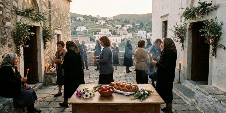 Greece at Easter with a candlelit Greek Orthodox church, red eggs, tsoureki, and villagers gathered in a traditional village square at dusk.