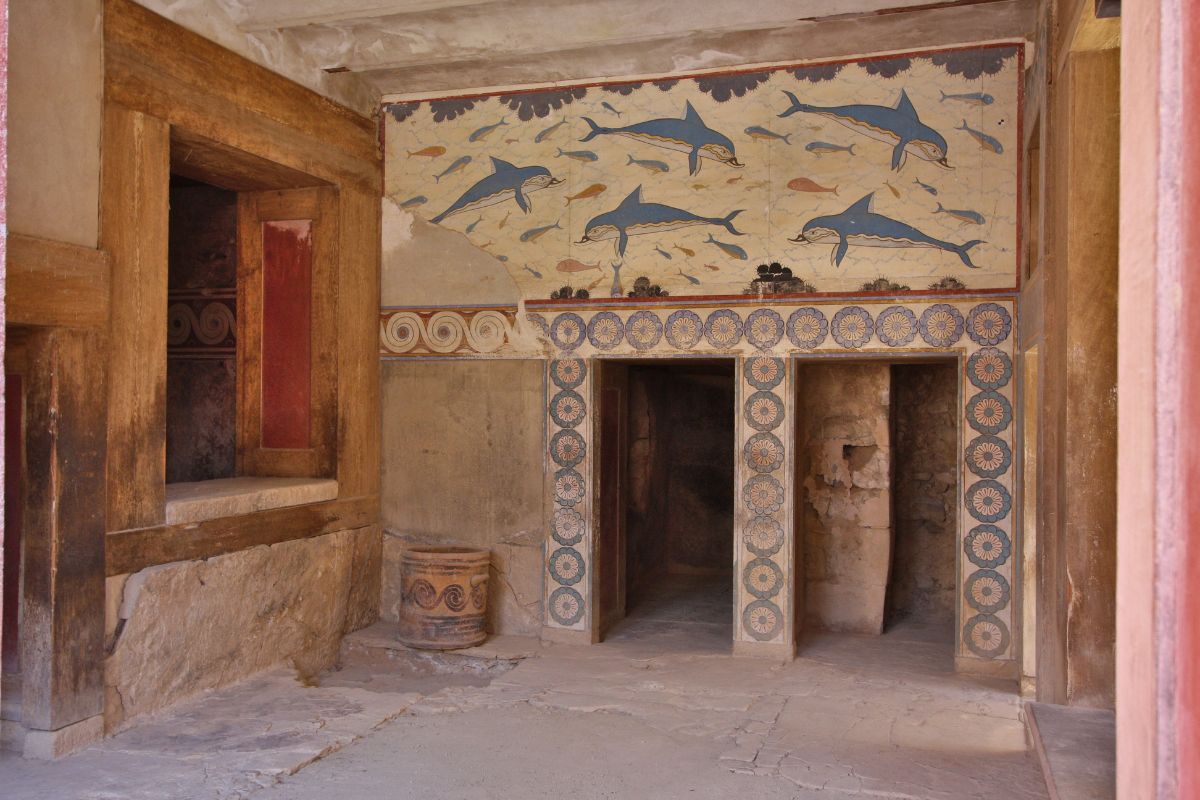 Interior view of the Minoan Palace of Knossos in Crete with dolphin fresco.