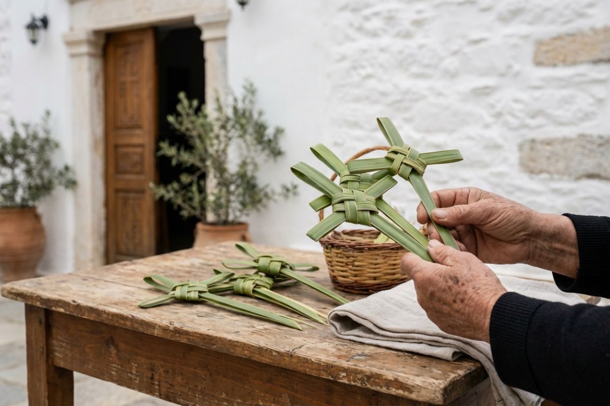 Palm crosses woven from date palm fronds for Palm Sunday in Crete, displayed on a rustic wooden table outside a traditional Greek Orthodox church.