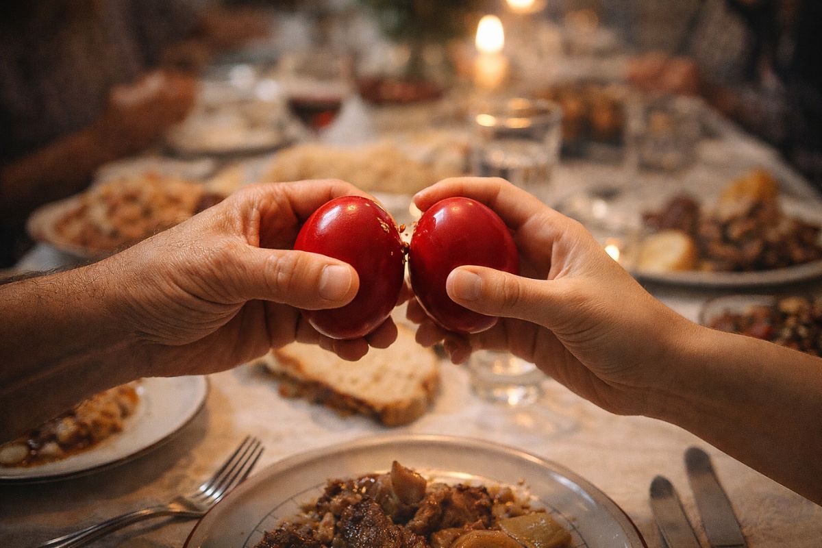 Hands cracking red Easter eggs during Tsougrisma at a traditional Greek Easter table, with festive food and candlelight in the background.