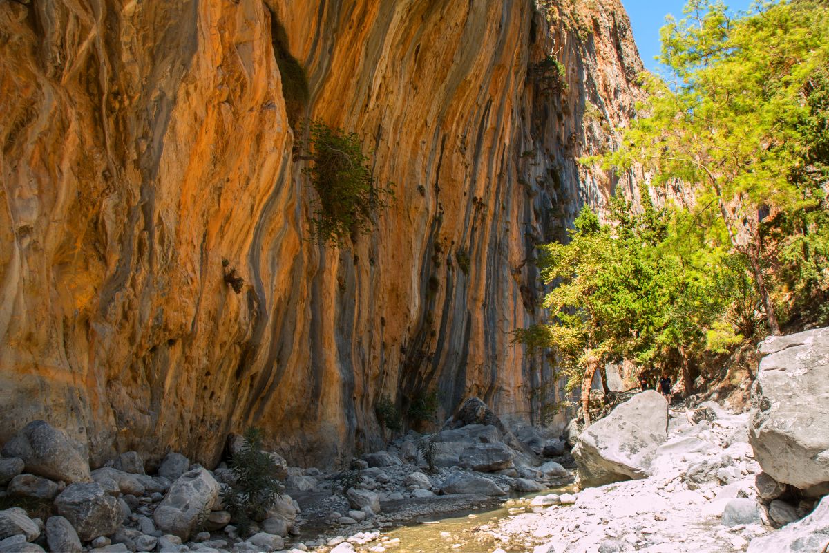Rocky canyon with towering cliffs and a shallow stream on a sunny day, showcasing the dramatic landscapes of Crete gorges for hiking.