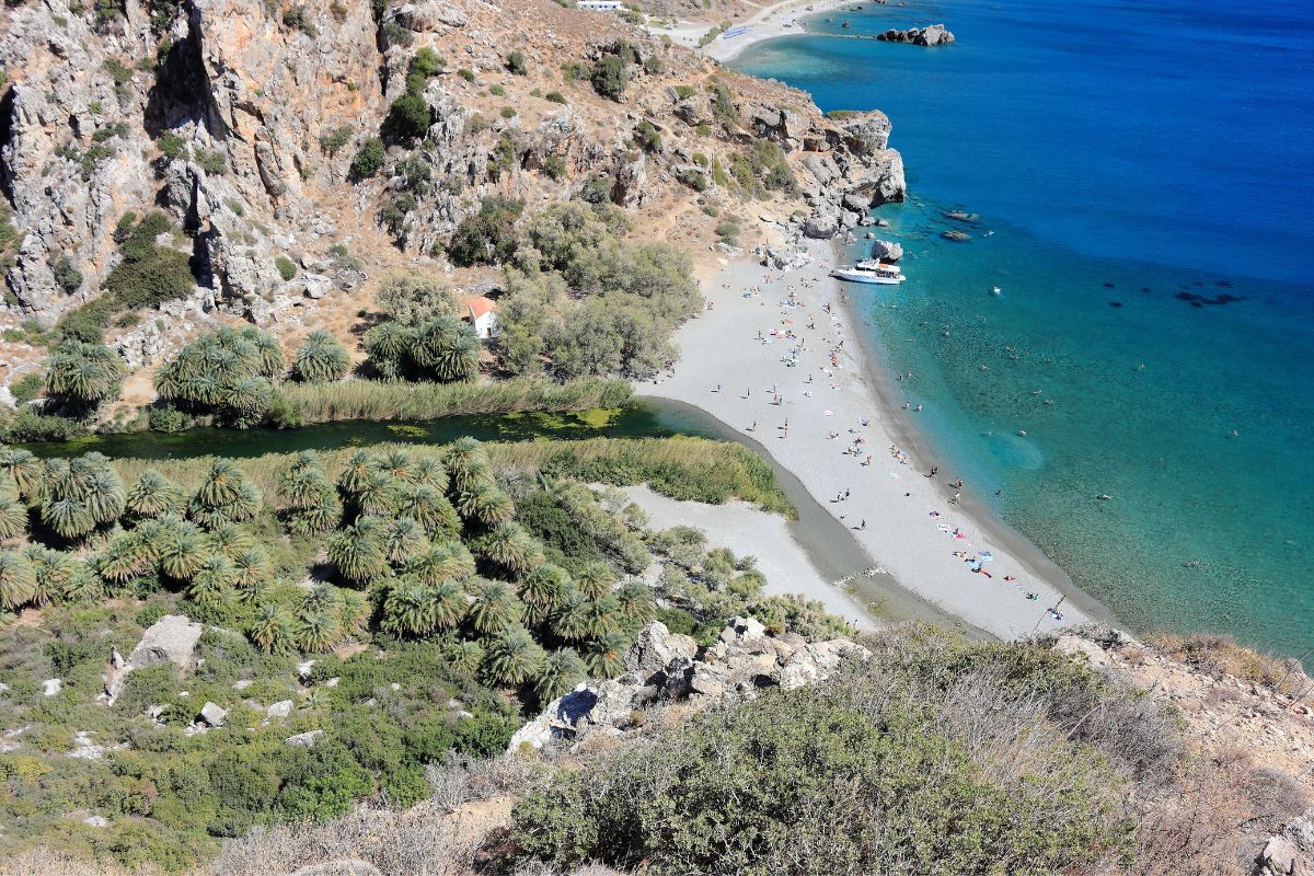 Aerial view of Preveli Gorge in Crete, where the river meets a palm-lined beach and turquoise sea, a scenic highlight among Crete gorges.