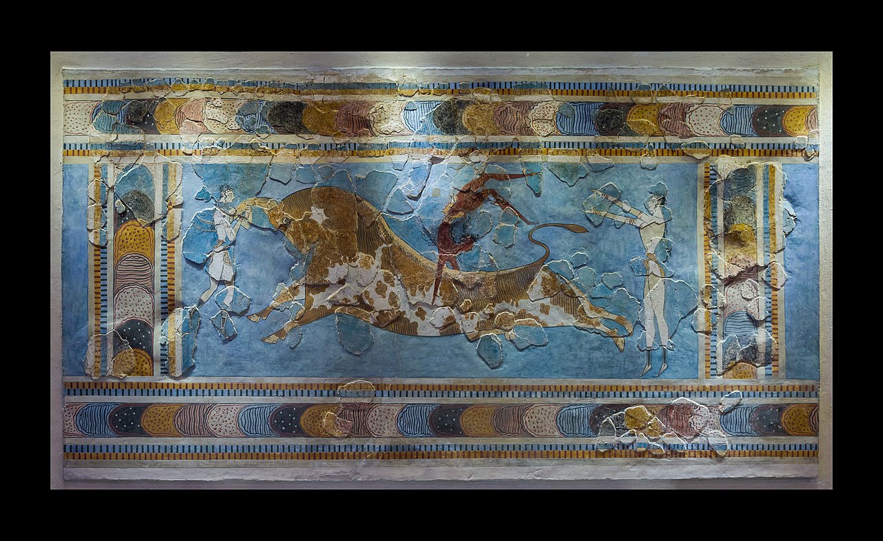 The bull-leaping fresco, original. Found in Knossos palace, Crete, Greece. It dates around 1600 - 1450 BCE.
