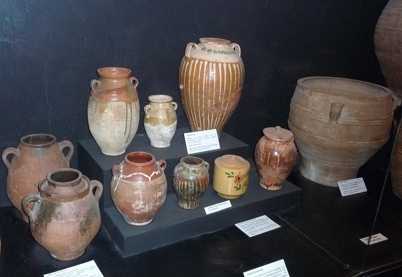Pottery in Museum of Cretan Ethnology 2009, for instance jars for storing salted meat and olives