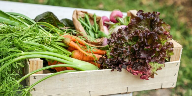 Fresh organic vegetables from farming in Crete displayed in a wooden crate.
