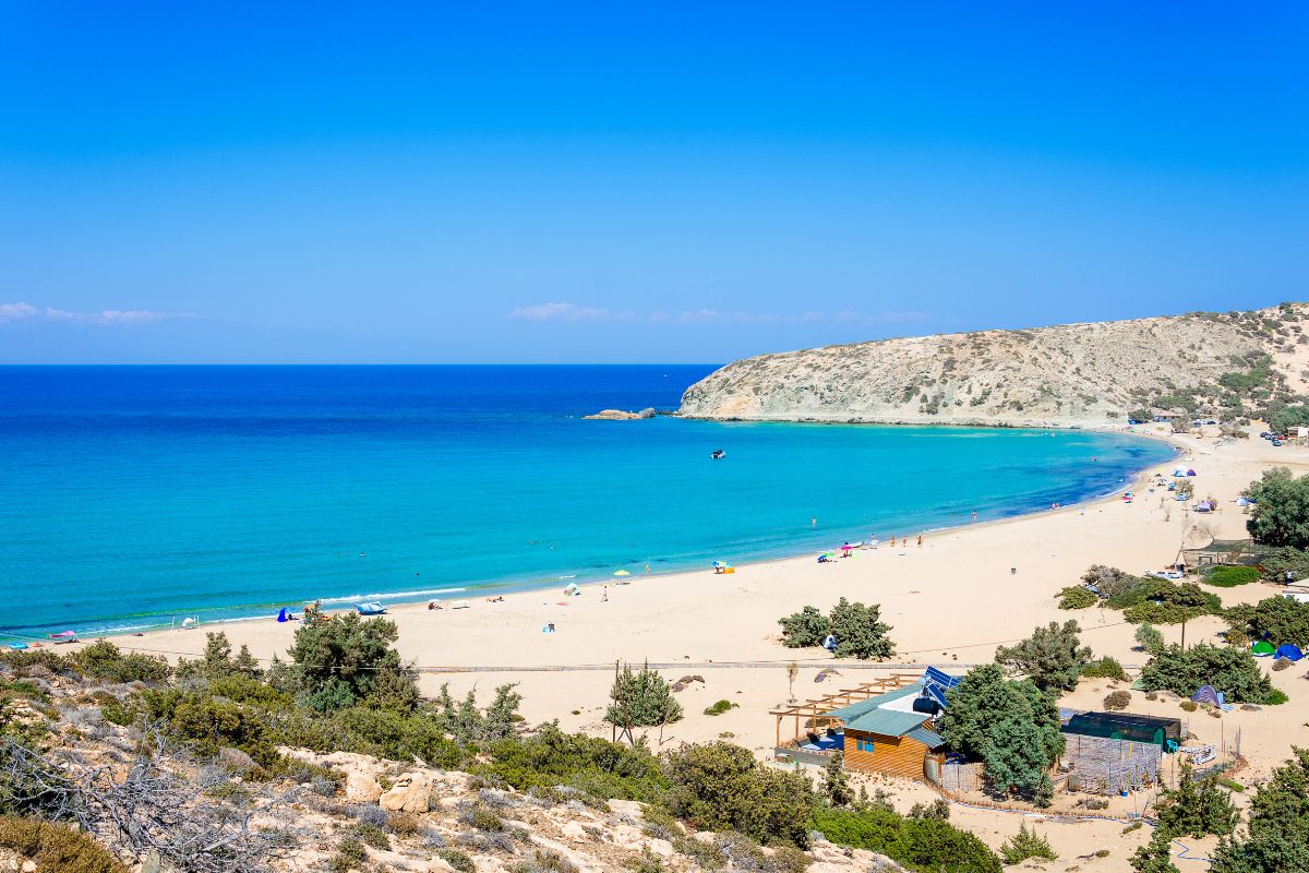 Sandy beach with turquoise waters on Gavdos Island, the southernmost island of Crete, Greece