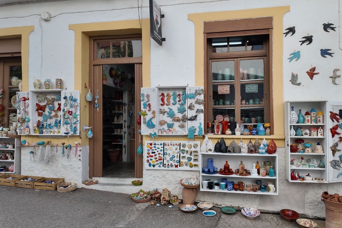 Vibrant Ceramic Shop Display in Margarites, Greece