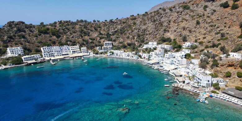 A view above the Loutro bay, which is located in southwestern Crete, Greece.