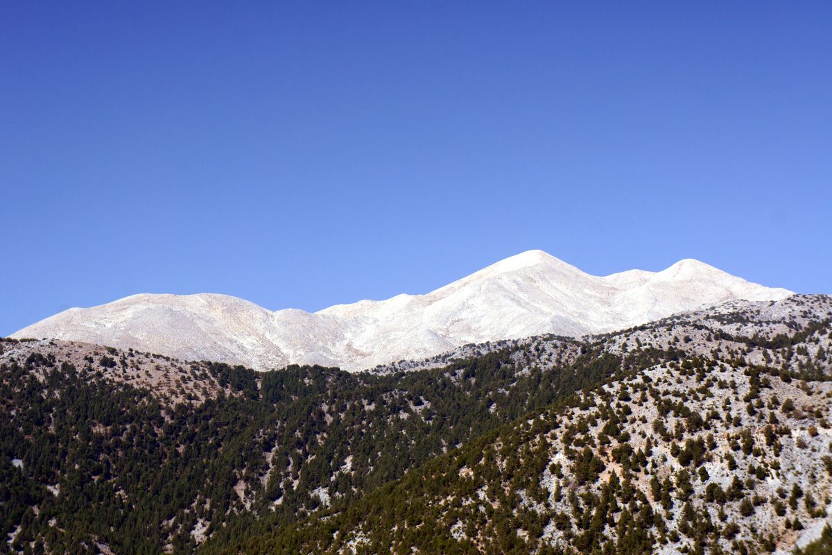 Snow-covered peaks of the Lefka Ori (White Mountains) in Crete, Greece.