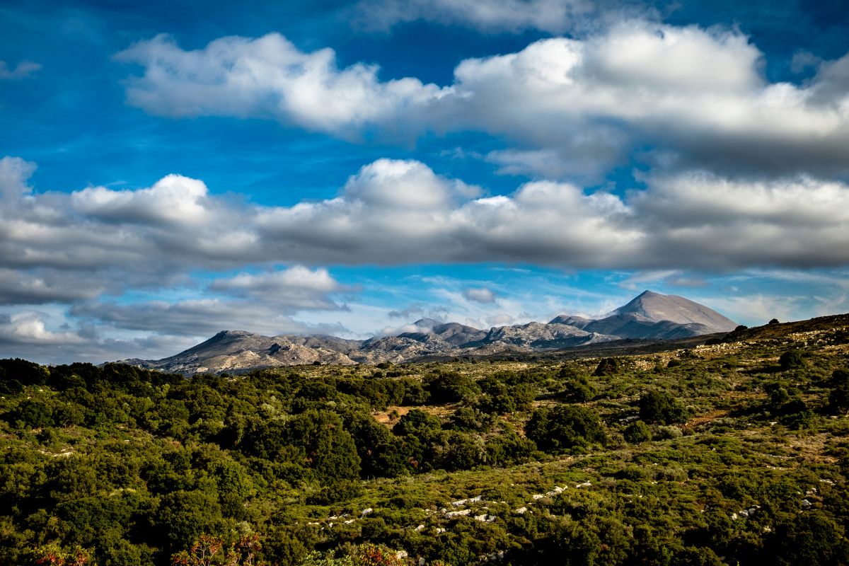Psiloritis (Mount Ida) mountain landscape in Crete, Greece under a cloudy sky.