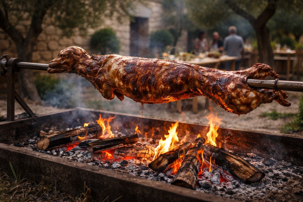 Traditional Easter lamb roasting on a spit over an open wood fire in Crete on Easter Sunday, with glowing embers, smoke, and a rustic village feast setting in the background.