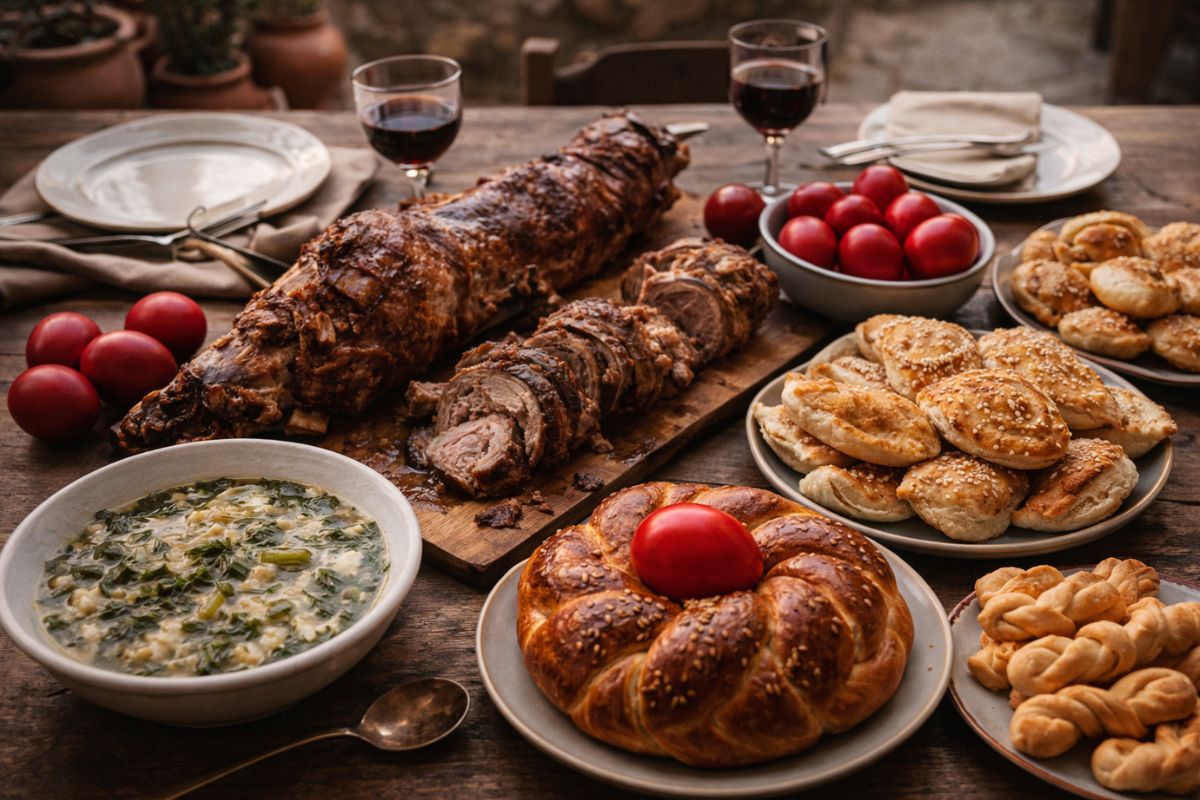 Traditional Cretan Easter food table with magiritsa, spit-roasted lamb, kokoretsi, kalitsounia, tsoureki, red dyed eggs, and koulourakia during Greek Orthodox Easter in Crete.