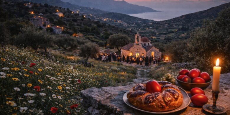 Crete at Easter in spring, with a village church, candlelit gathering, wildflowers, red eggs, and tsoureki in a traditional Cretan landscape at sunset.