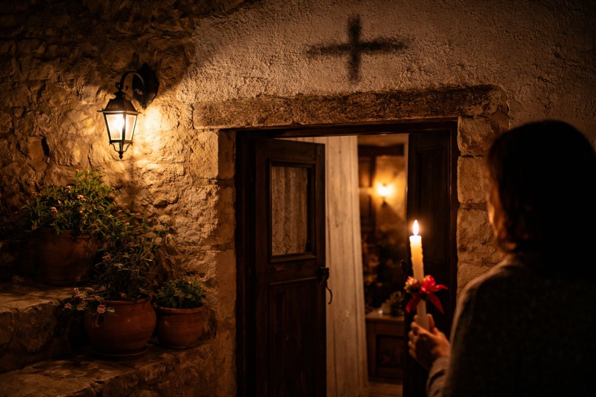Smoke-drawn Easter cross above the doorway of a traditional Cretan home after the midnight Resurrection service, with a lit candle marking a Greek Orthodox Easter custom in Crete.