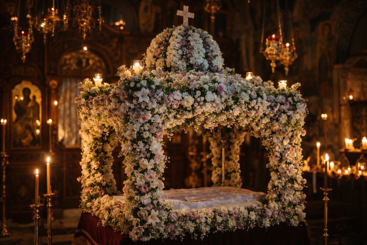 Flower-covered Epitaphios bier inside a Cretan church during Holy Week, decorated with fresh spring blooms and candlelight for the Greek Orthodox Easter ceremony.