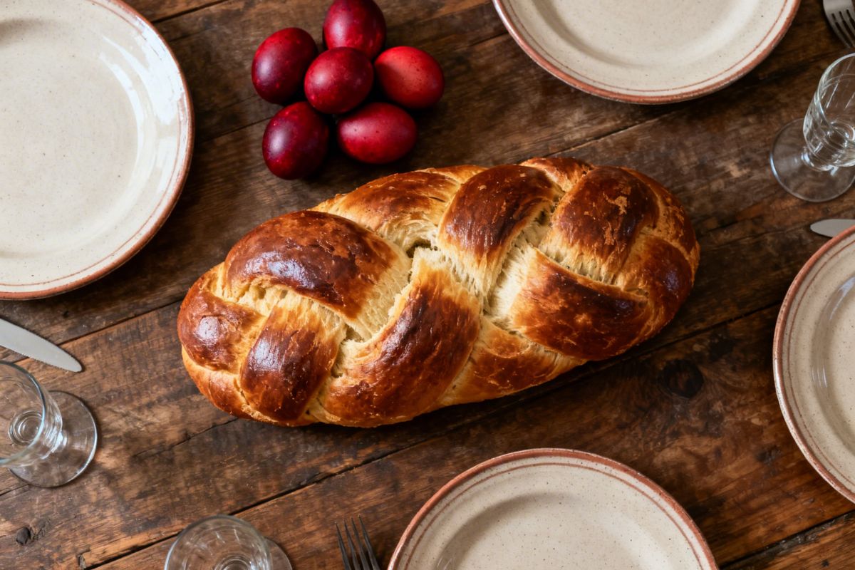 Traditional Cretan Easter table with red dyed eggs and tsoureki sweet bread, styled in a rustic home setting for Greek Orthodox Easter celebration in Crete.