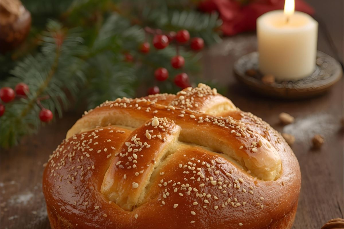 Greek Christopsomo Christmas bread with sesame seeds on a festive holiday table with candle and greenery