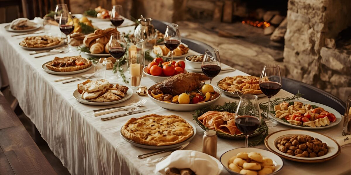Traditional Cretan Christmas table set with festive Greek dishes, breads, pies and red wine in a rustic stone house atmosphere