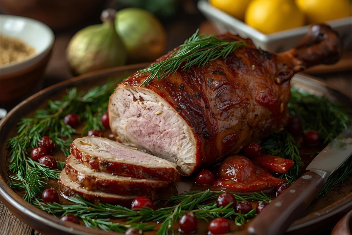 Greek-style wood oven pork roast with lemon leaves, rosemary and cranberries on a serving platter