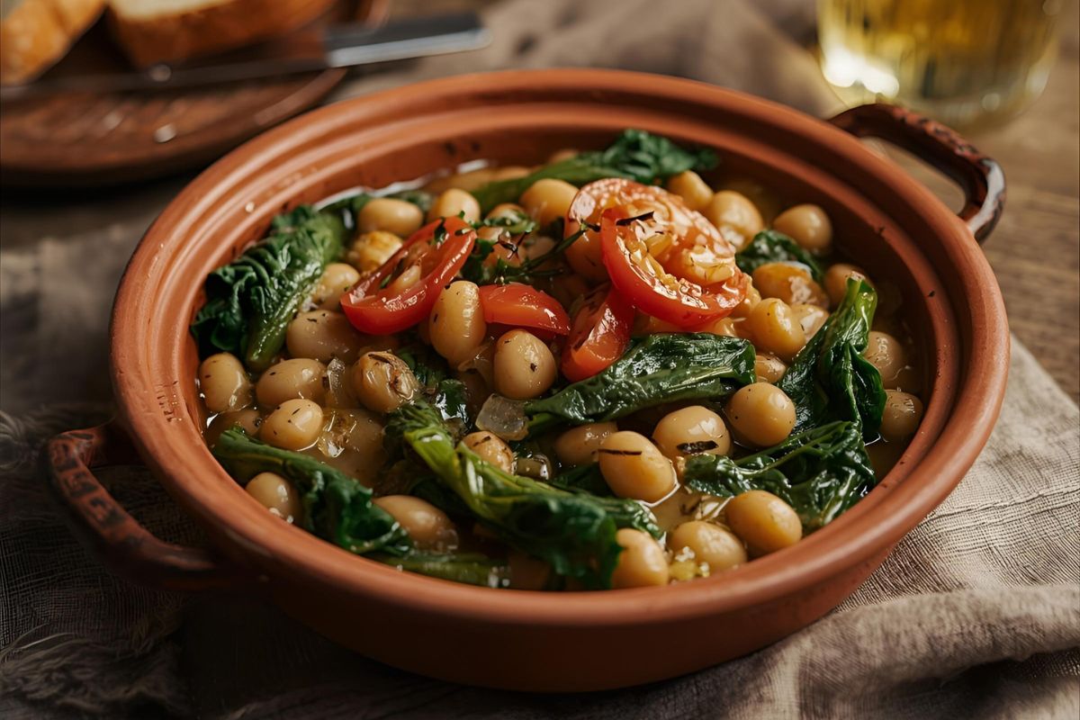 Traditional Cretan papoudia dish with baked beans, leafy greens, olive oil and tomatoes in a clay pot