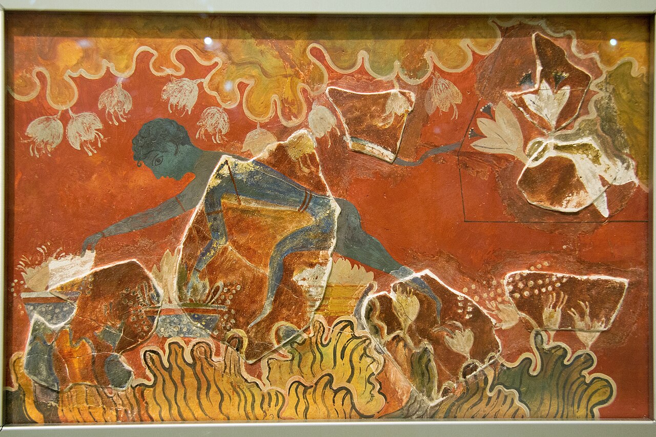 Blue Boy or Saffron Gatherer, restored Minoan fresco from Knossos showing a blue figure in profile, Heraklion Archaeological Museum