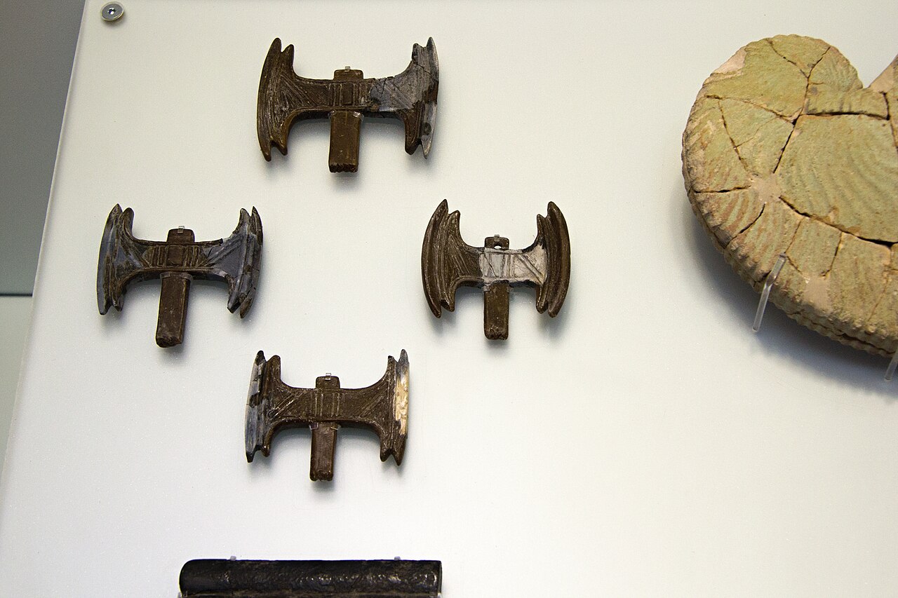 Ivory models of double axes and faience nautilus-shaped vessel from Zakros, 1500–1450 BC, Archaeological Museum of Heraklion