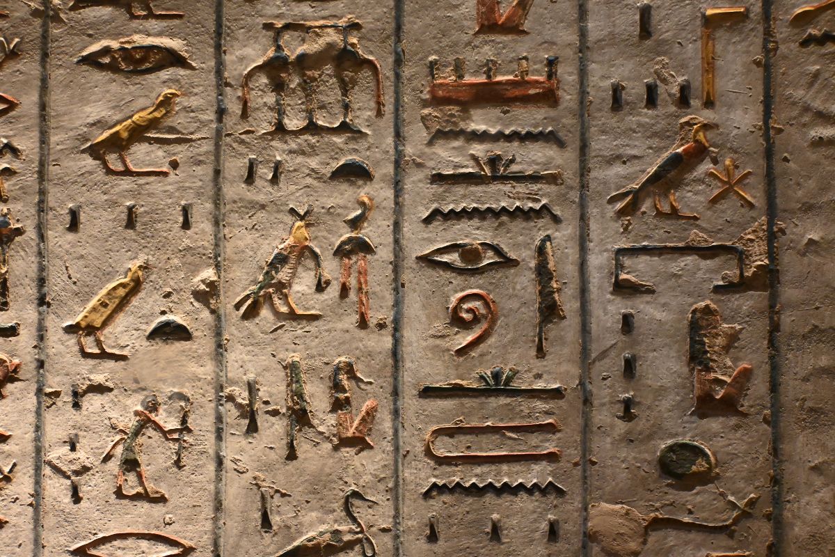 Ancient Egyptian hieroglyphs carved in stone, showing symbols and figures from temple wall reliefs.