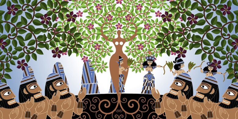 Animated image of women transformed into Minoan Snake Goddess figures from Nina Paley’s film Seder-Masochism.
