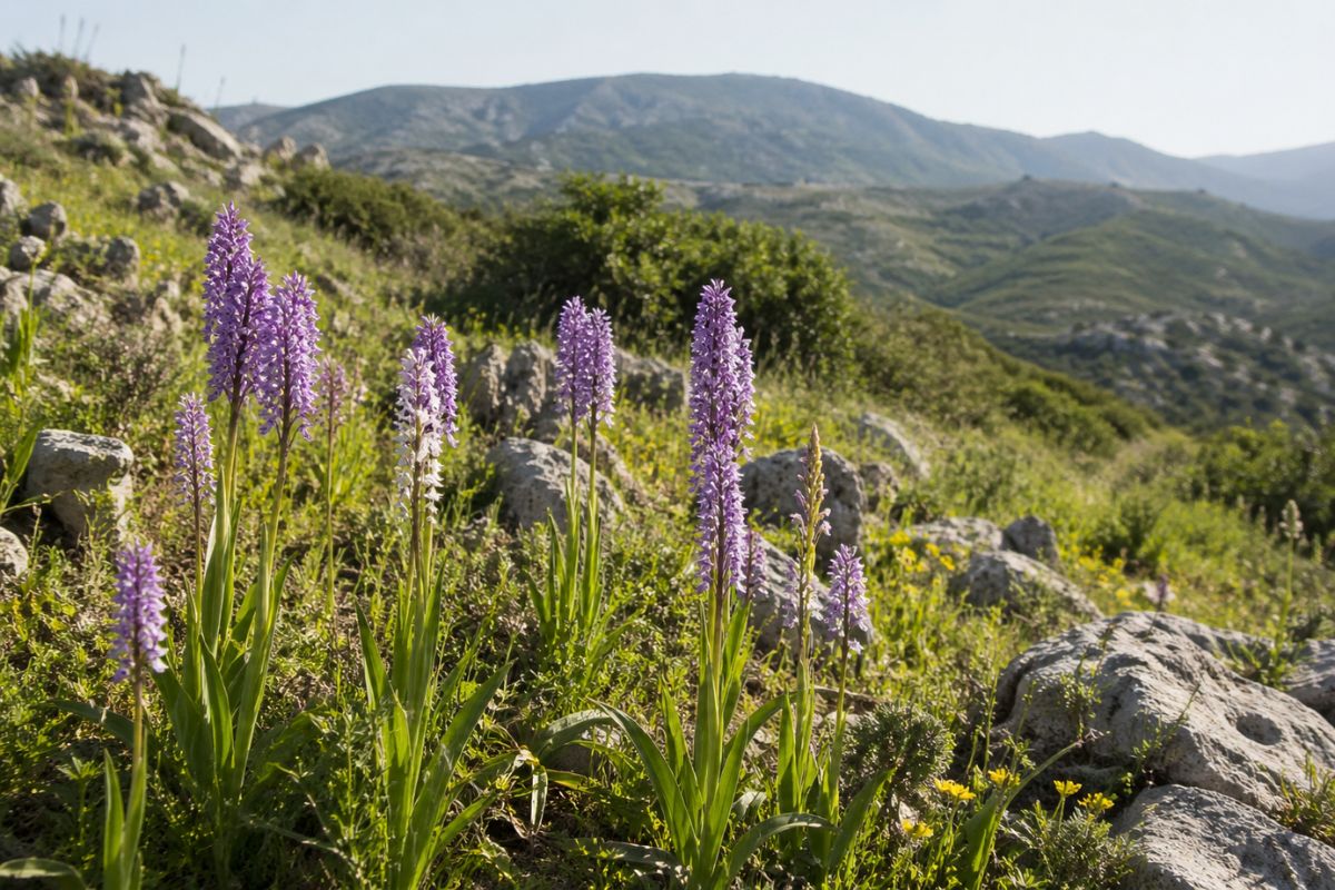 Wild Cretan orchids growing on a limestone hillside near Rethymno in April.