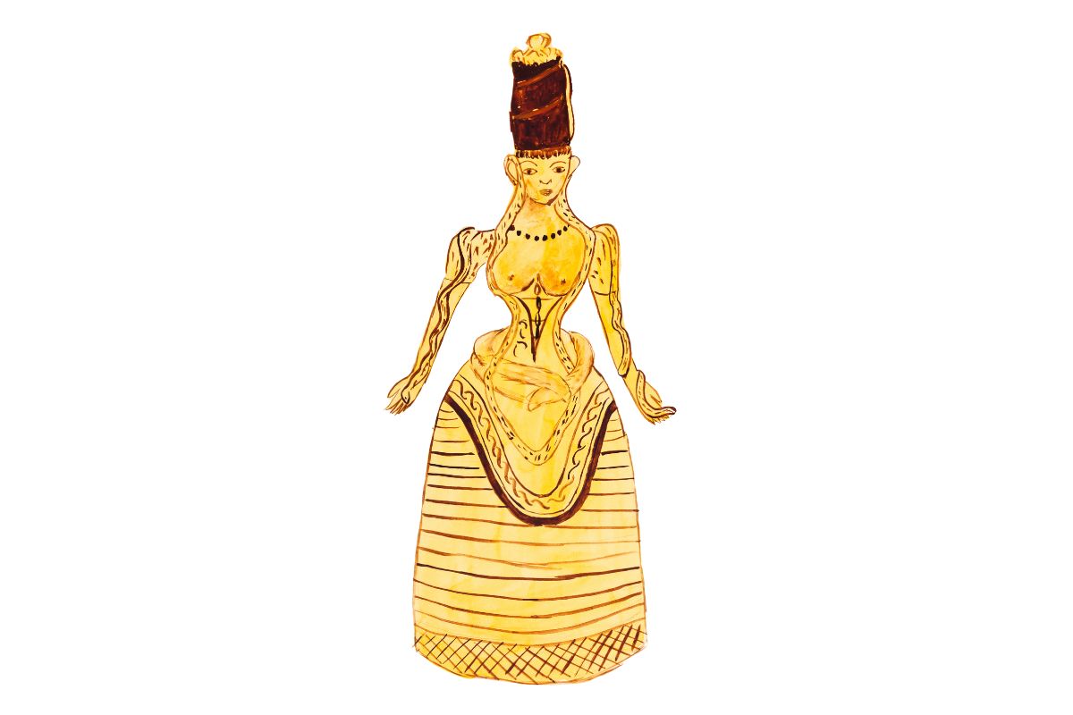 Illustration of the Minoan Snake Goddess wearing traditional Minoan dress from ancient Crete.
