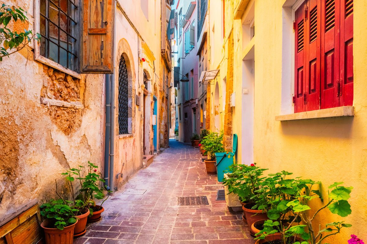 Colorful alley in Old Town Chania Crete with traditional houses