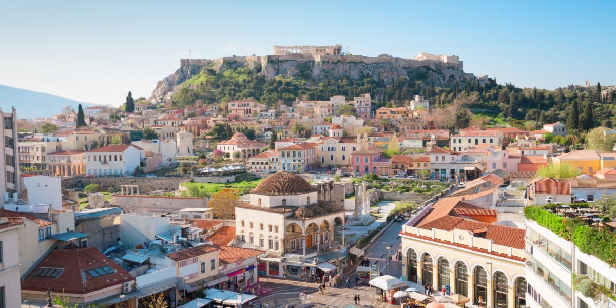 View of the Acropolis and Plaka neighborhood in Athens, Greece.
