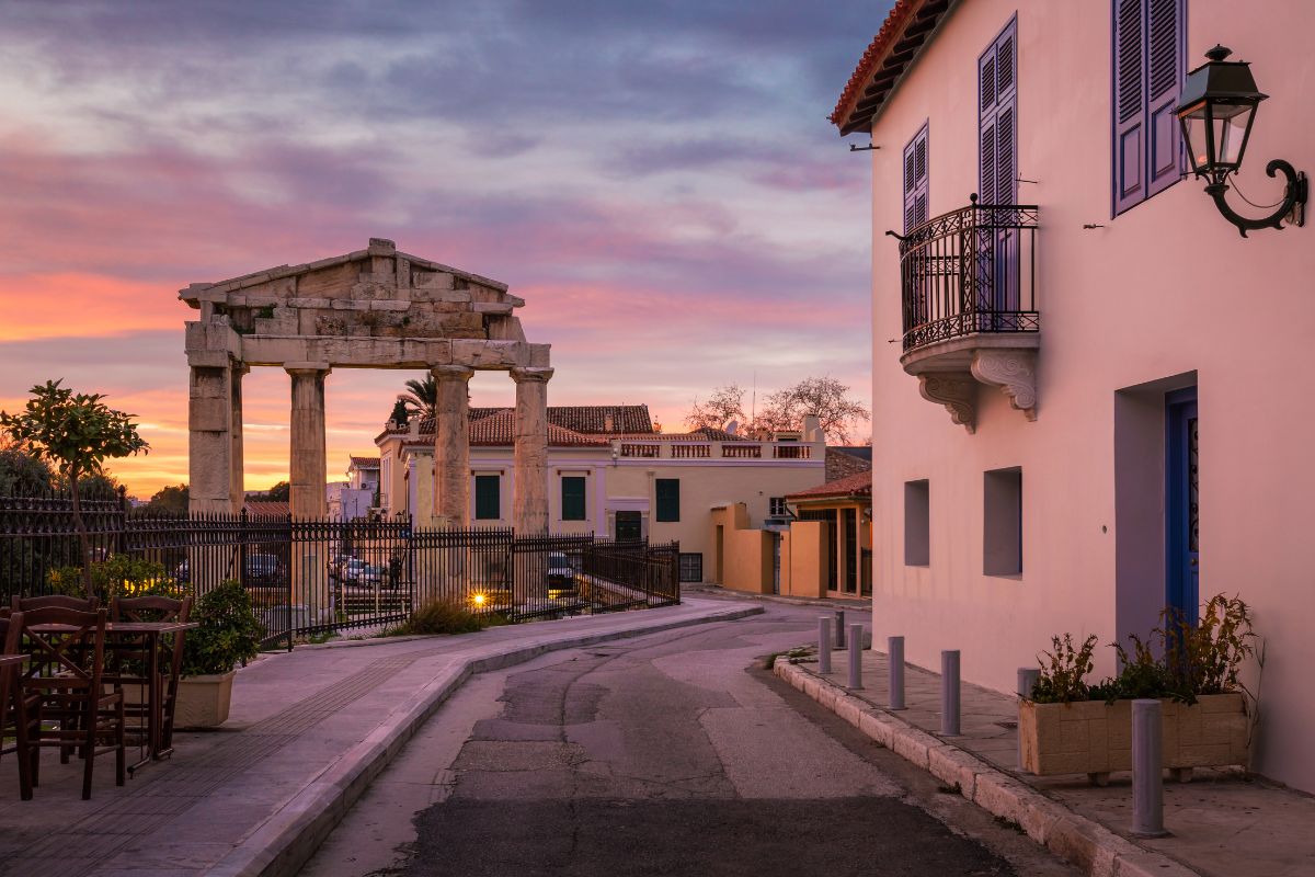 Hadrian’s Library in Plaka Athens at sunset.