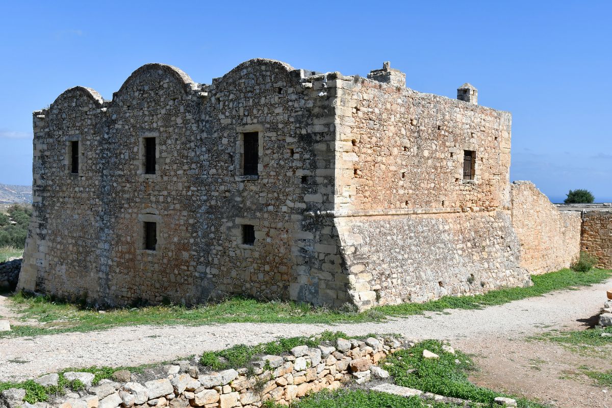 Stone building at the ancient site of Aptera in Crete, Greece, showcasing well-preserved ruins from the Venetian period.