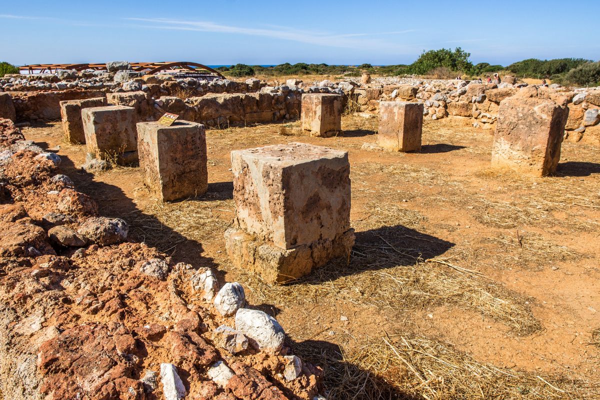 Archaeological remains of Malia Palace in Crete, Greece, an ancient Minoan site near the northern coast.