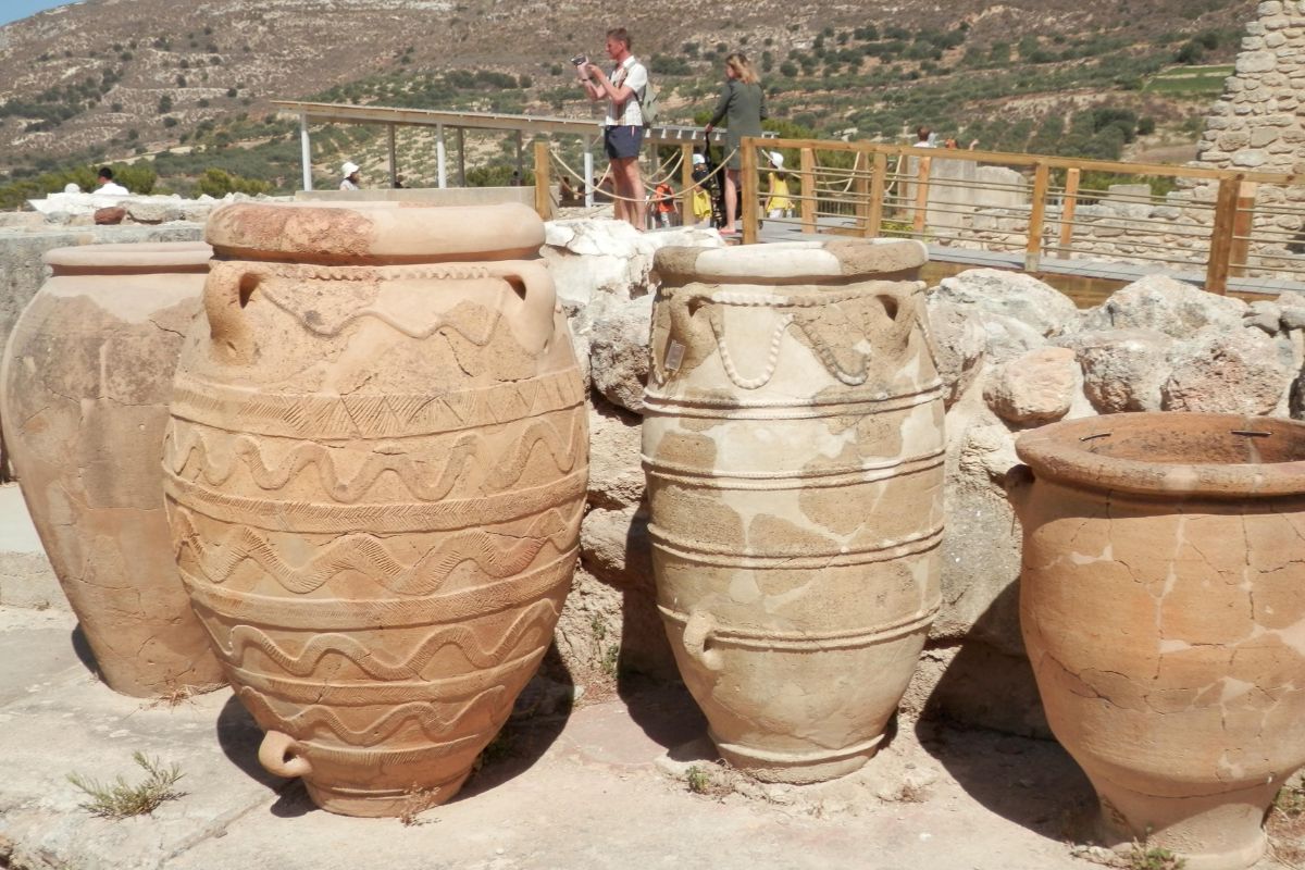 Ancient Minoan pottery displayed at the archaeological site of Knossos in Crete, Greece.