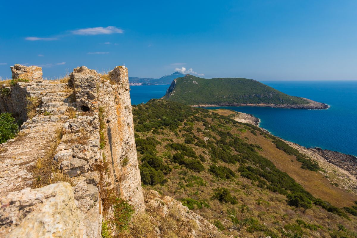 View from the ancient fortress of Paleokastro in Crete, Greece, overlooking the sea and rugged coastal landscape.