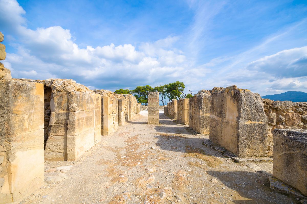Ancient ruins of Phaistos Palace in Crete, Greece, an important Minoan archaeological site overlooking the Messara plain.