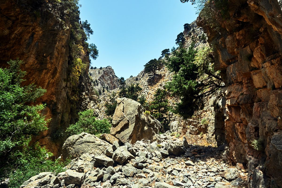 Rocky section of the Imbros Gorge hike in Crete with cliffs and scattered trees under a clear sky.