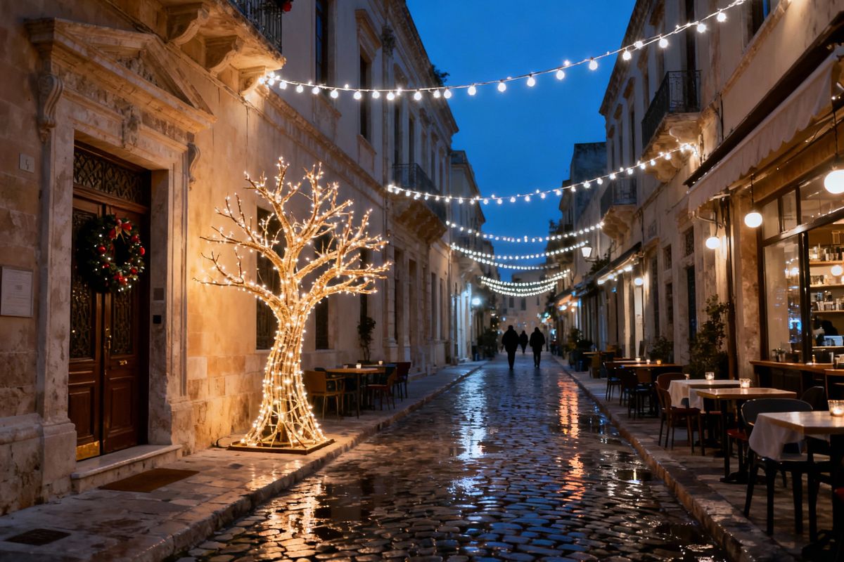Christmas lights on a cobblestone street in Chania Old Town, Crete, at dusk.