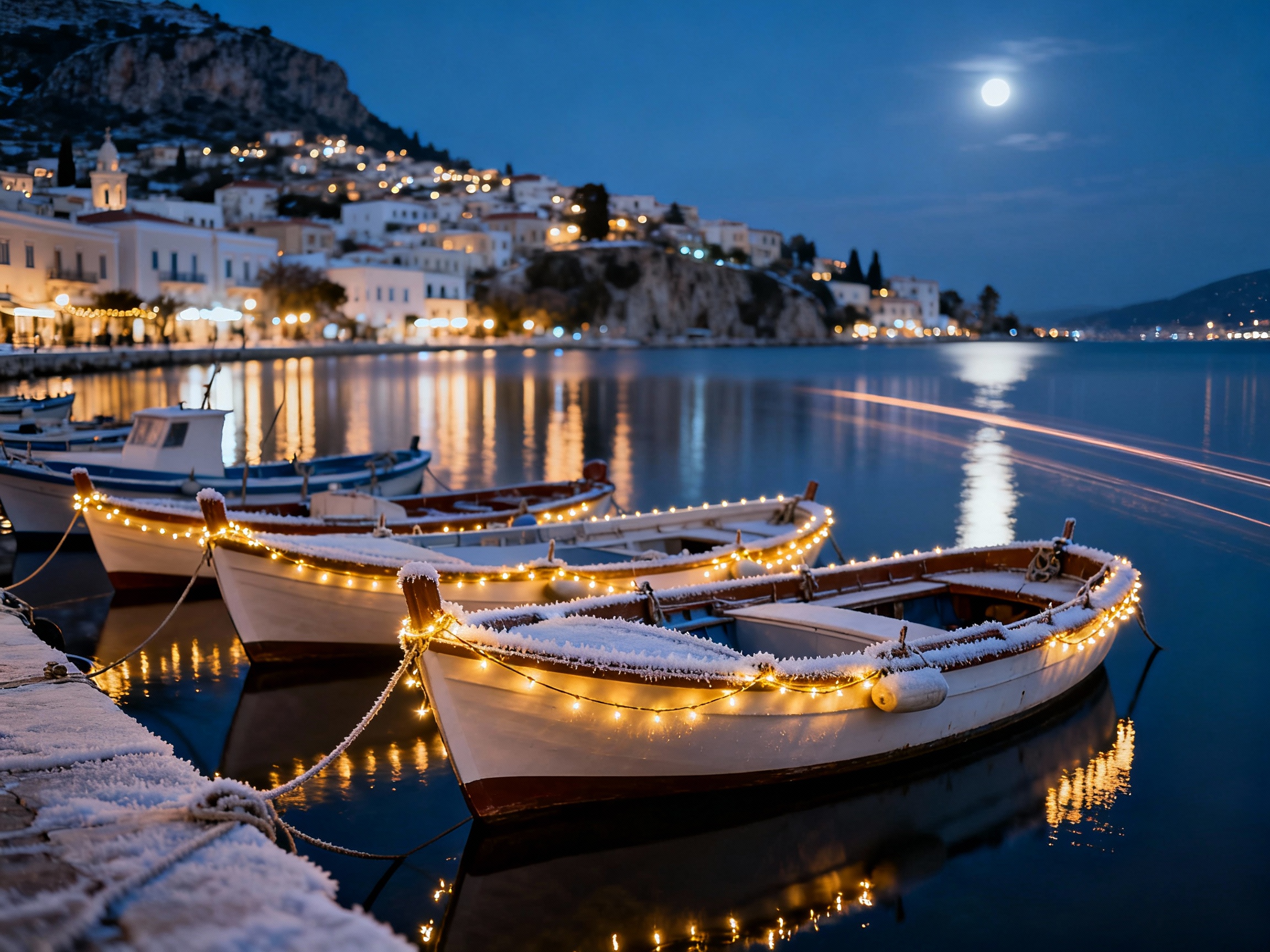 Christmas in Crete scene in Agios Nikolaos with illuminated fishing boats on the waterfront at night.