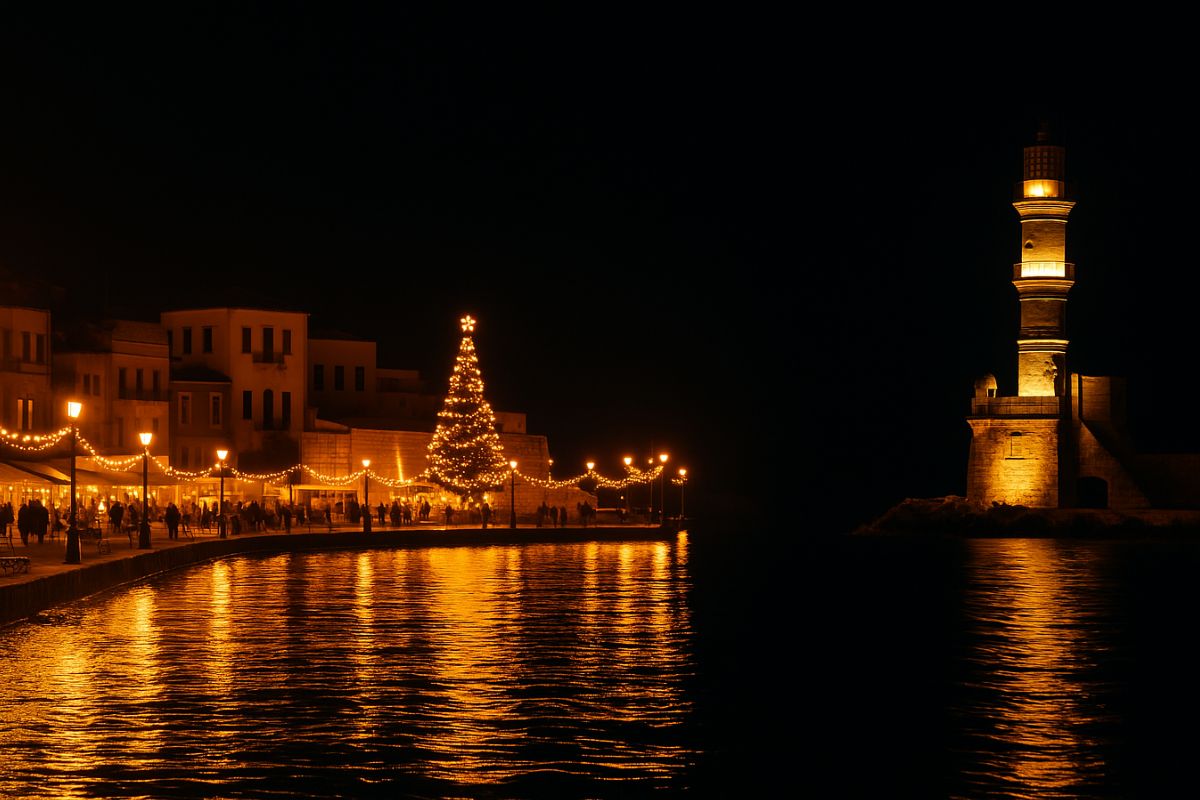 Christmas lights at Chania Venetian Harbor with the lighthouse at night, Crete, Greece.