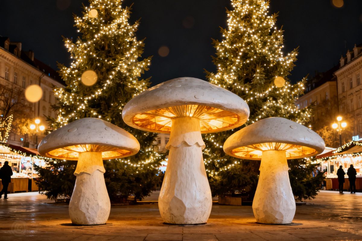Christmas market lights in Heraklion, Crete, with festive decorations and illuminated trees at night.