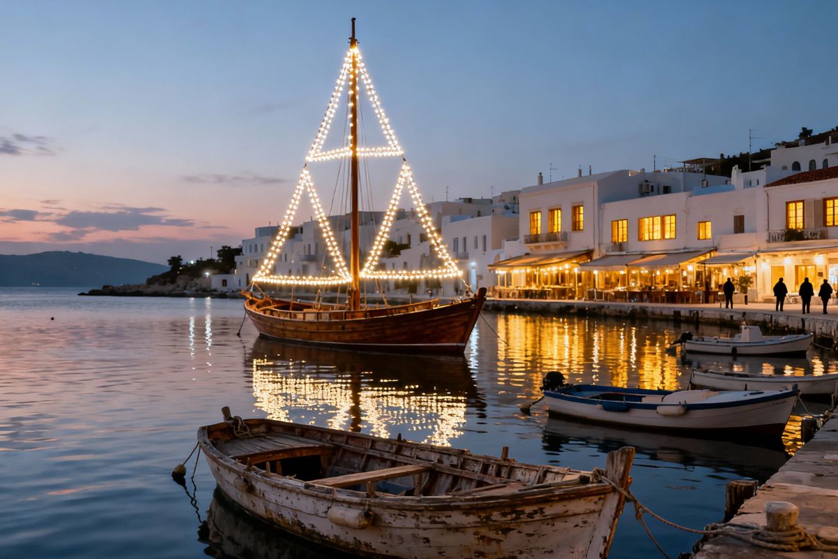 Christmas boat lights in a Cretan harbor at sunset, Greece.