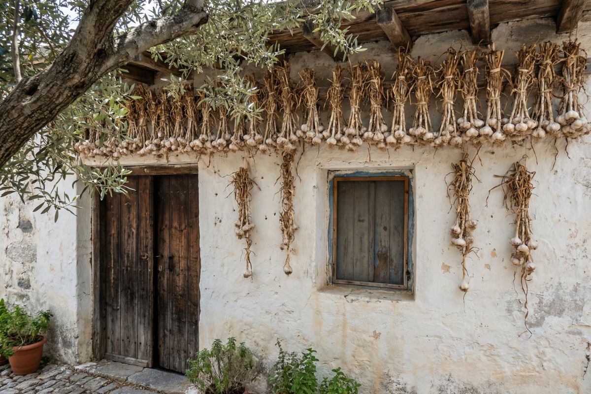 Garlic bundles hanging above a doorway, a traditional Greek New Year good luck charm.