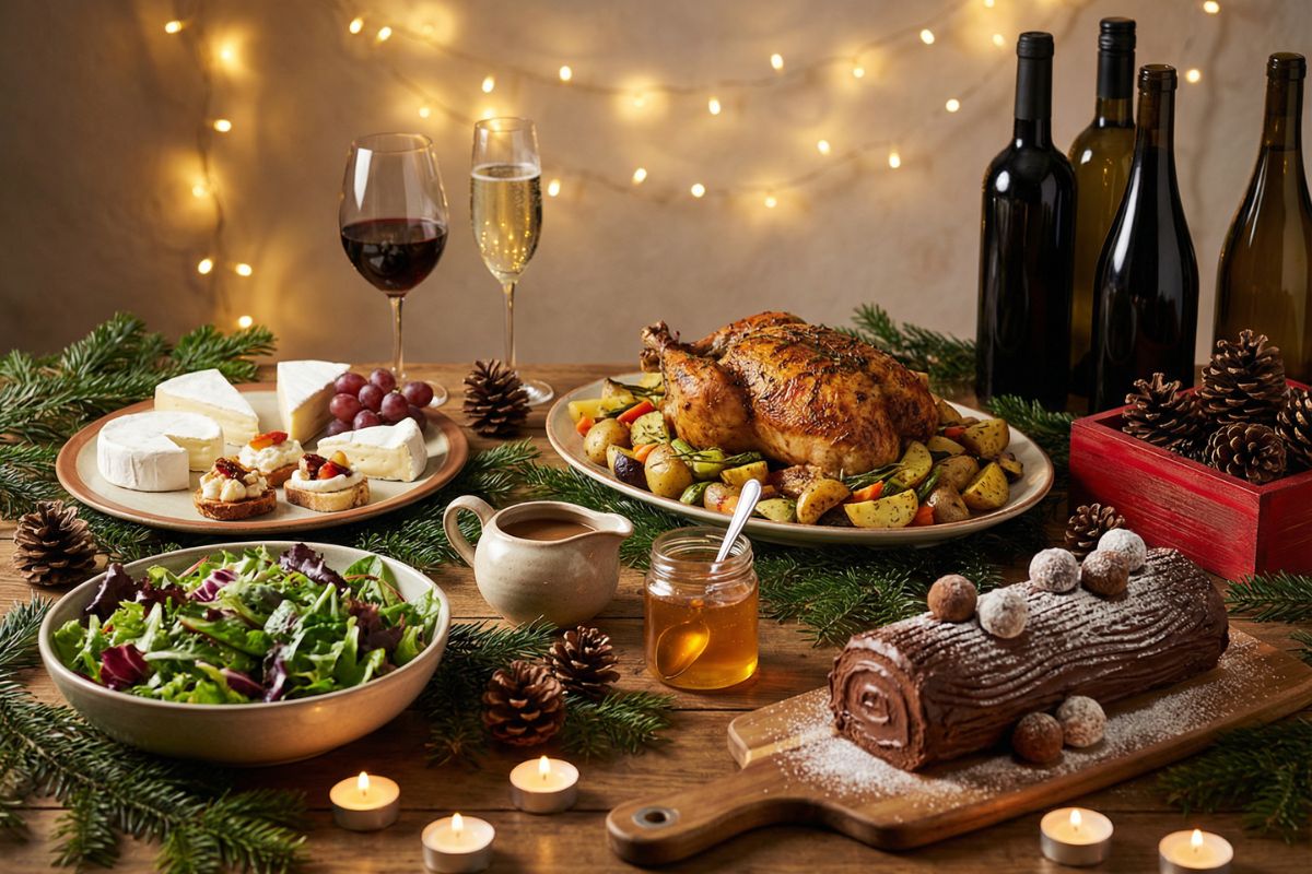 Festive holiday dinner table with roast, salad, cheese platter, wine, and dessert, styled with candles and pinecones.
